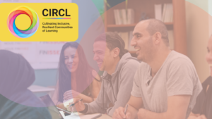 Group of college students smiling and laughing in the classroom with the CIRCL logo.