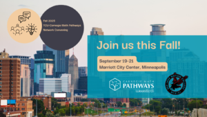 Image of Minneapolis in the background, with text in the foreground that reads: Join us this Fall, September 19-21, Marriott City Center, Minneapolis, MN with the Carnegie Math Pathways and Red Lake Nation College logos. There are two circles in the upper left that make up the event branding. One include icons of conversation bubbles, a group of people around a table, and a lightbulb. The next bubble includes text that reads: Fall 2025 TCU-Carnegie Math Pathways Network Convening