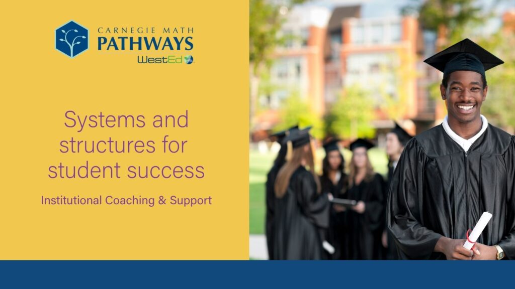 An outdoor image of a male student in graduation attire standing in the foreground with a group of graduates in the background. A banner is next to the image with text that reads: Systems and structures for student success - Institutional Coaching and Support with Carnegie Math Pathways logo included.